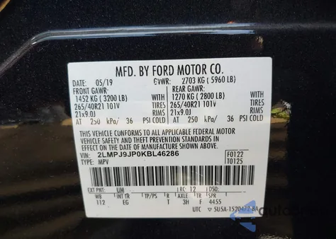 2019 Lincoln Nautilus Black Label z USA, uszkodzony, nr VIN 2LMPJ9JP0KBL46286